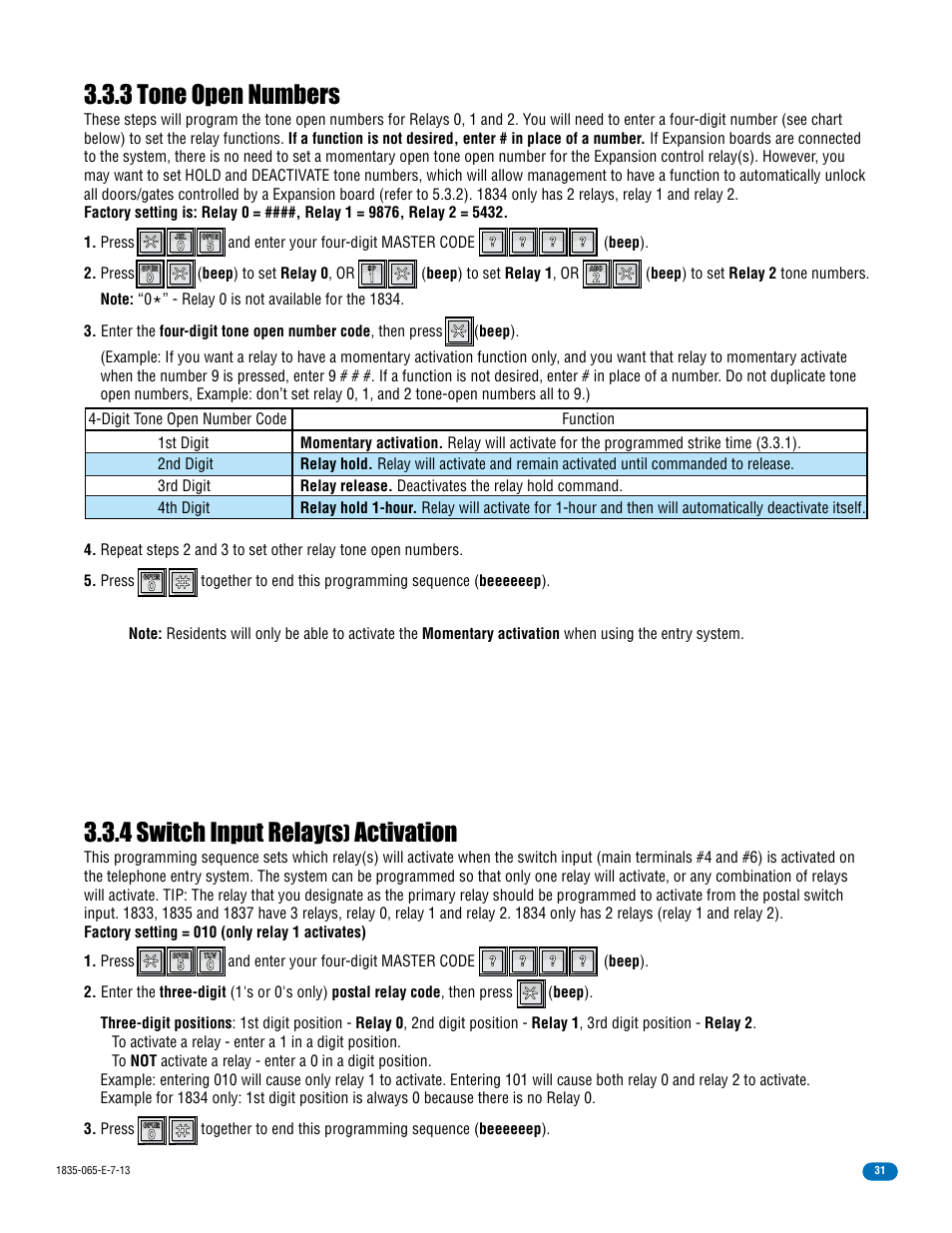 3 tone open numbers, 4 switch input relay, Activation | DoorKing 1833 PC Programmable User Manual | Page 33 / 70