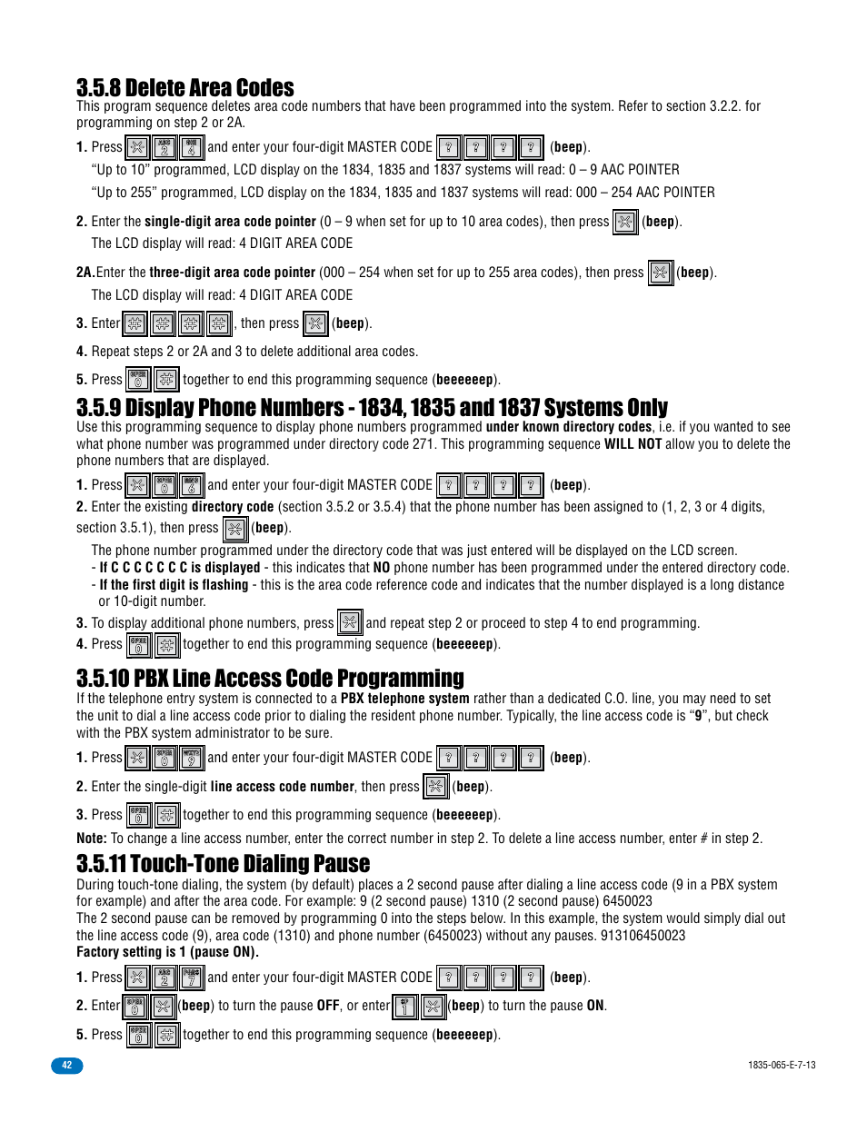 8 delete area codes, 10 pbx line access code programming, 11 touch-tone dialing pause | DoorKing 1833 PC Programmable User Manual | Page 44 / 70