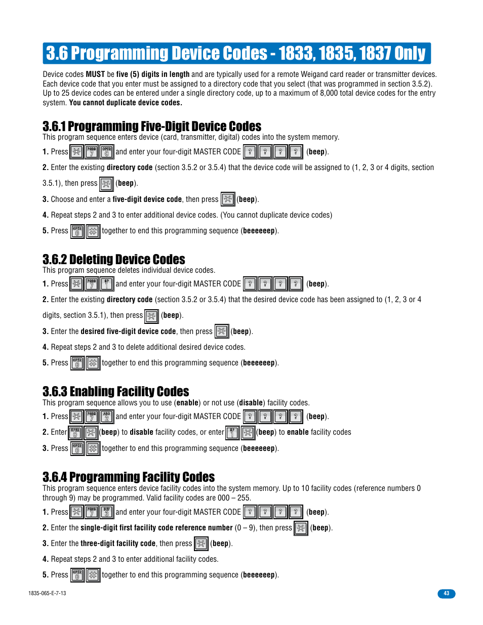 1 programming five-digit device codes, 2 deleting device codes, 3 enabling facility codes | 4 programming facility codes | DoorKing 1833 PC Programmable User Manual | Page 45 / 70