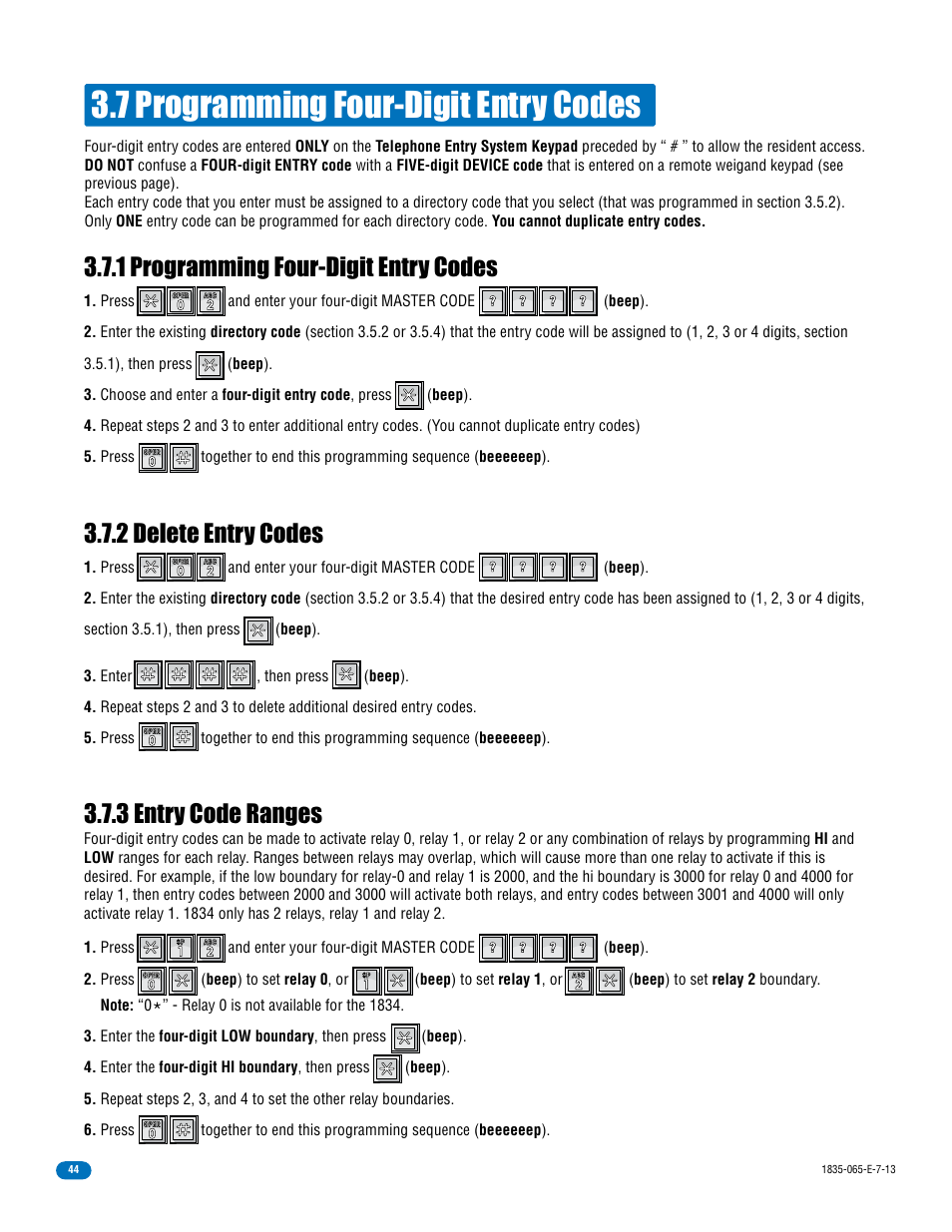 7 programming four-digit entry codes, 1 programming four-digit entry codes, 3 entry code ranges | 2 delete entry codes | DoorKing 1833 PC Programmable User Manual | Page 46 / 70