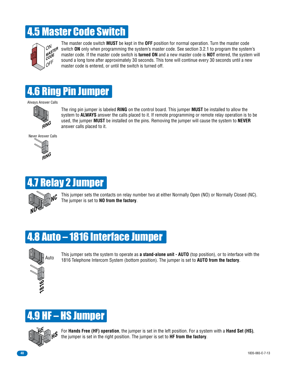 5 master code switch, 7 relay 2 jumper, 9 hf – hs jumper | 6 ring pin jumper | DoorKing 1833 PC Programmable User Manual | Page 50 / 70