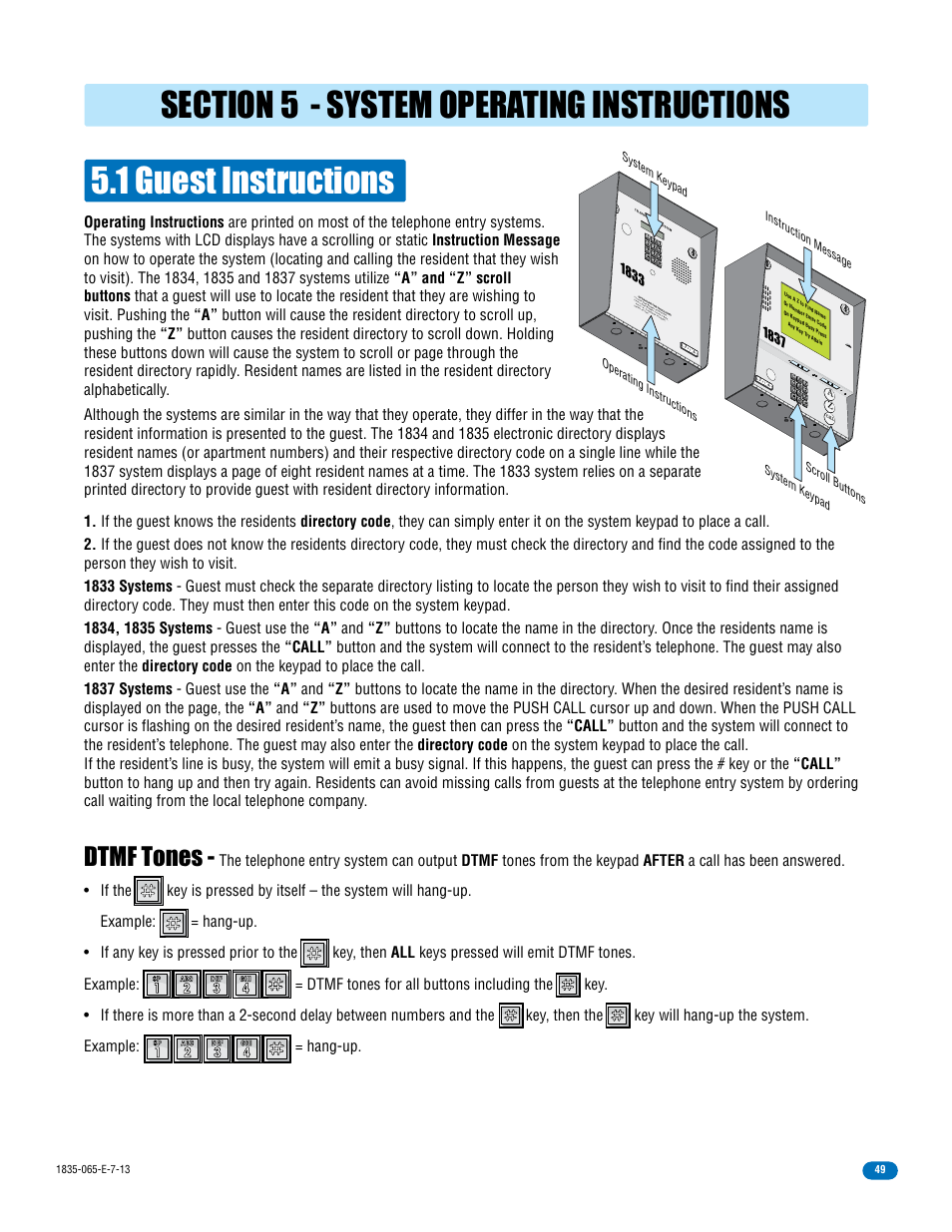 1 guest instructions, Dtmf tones, Oper | DoorKing 1833 PC Programmable User Manual | Page 51 / 70