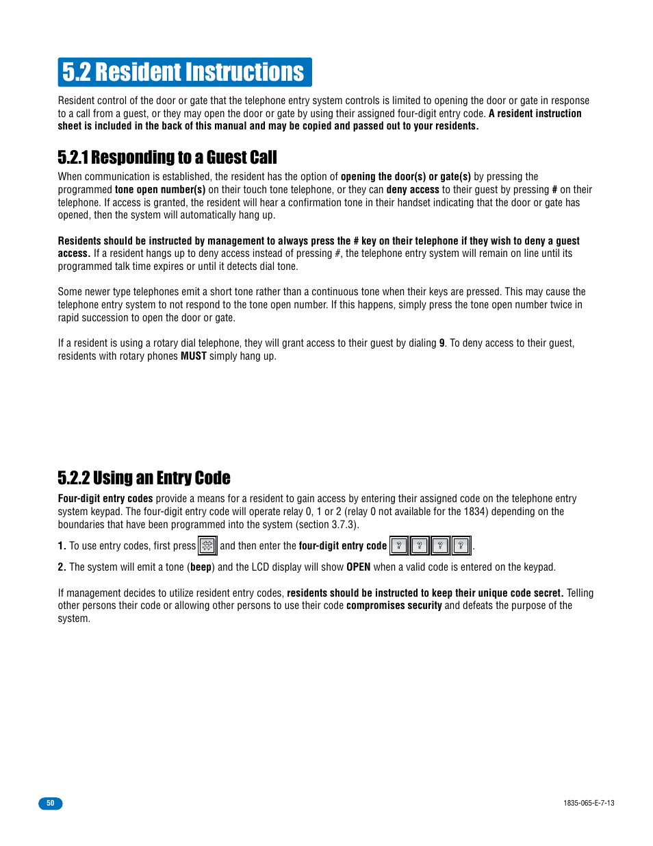 2 resident instructions | DoorKing 1833 PC Programmable User Manual | Page 52 / 70