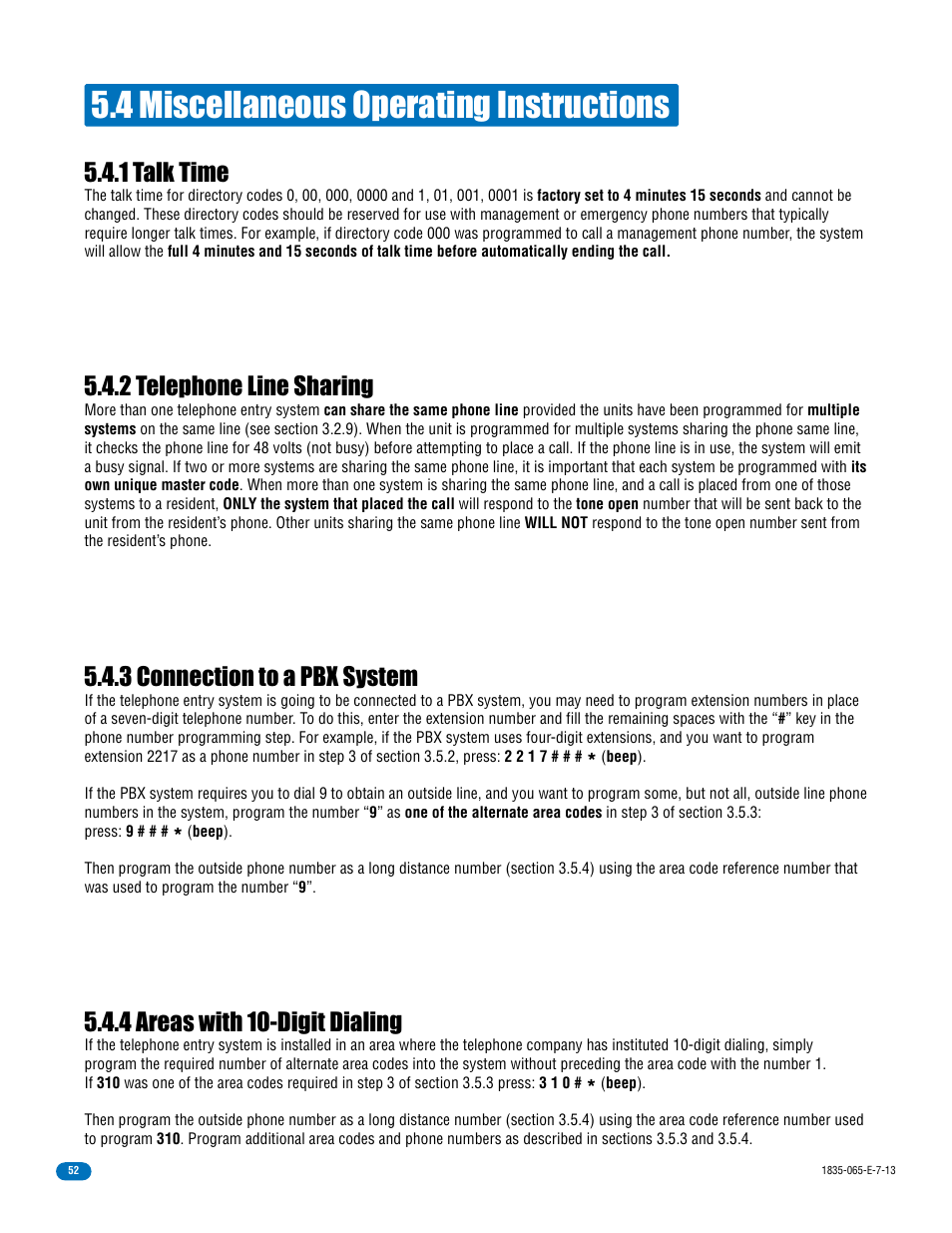 4 miscellaneous operating instructions, 1 talk time, 2 telephone line sharing | 3 connection to a pbx system, 4 areas with 10-digit dialing | DoorKing 1833 PC Programmable User Manual | Page 54 / 70