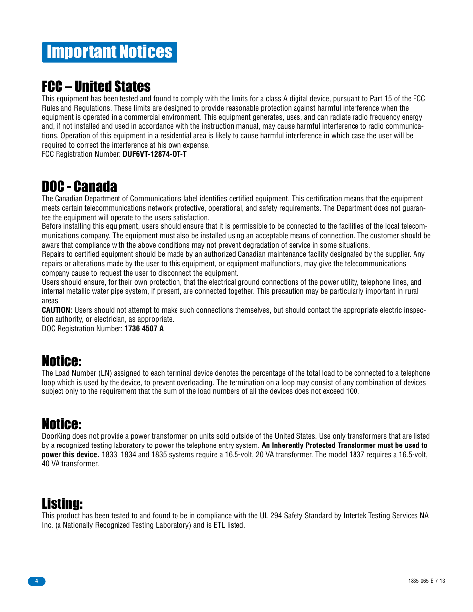Important notices, Fcc – united states, Doc - canada | Notice, Listing | DoorKing 1833 PC Programmable User Manual | Page 6 / 70
