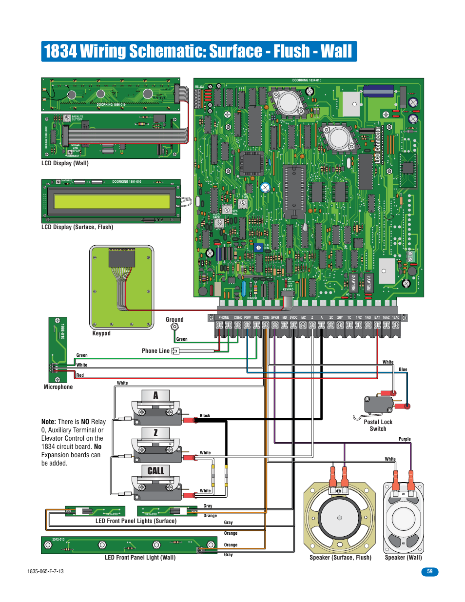 1834 wiring schematic: surface - flush - wall, Az call, Led front panel light (wall) | Ground, Lcd connector | DoorKing 1833 PC Programmable User Manual | Page 61 / 70