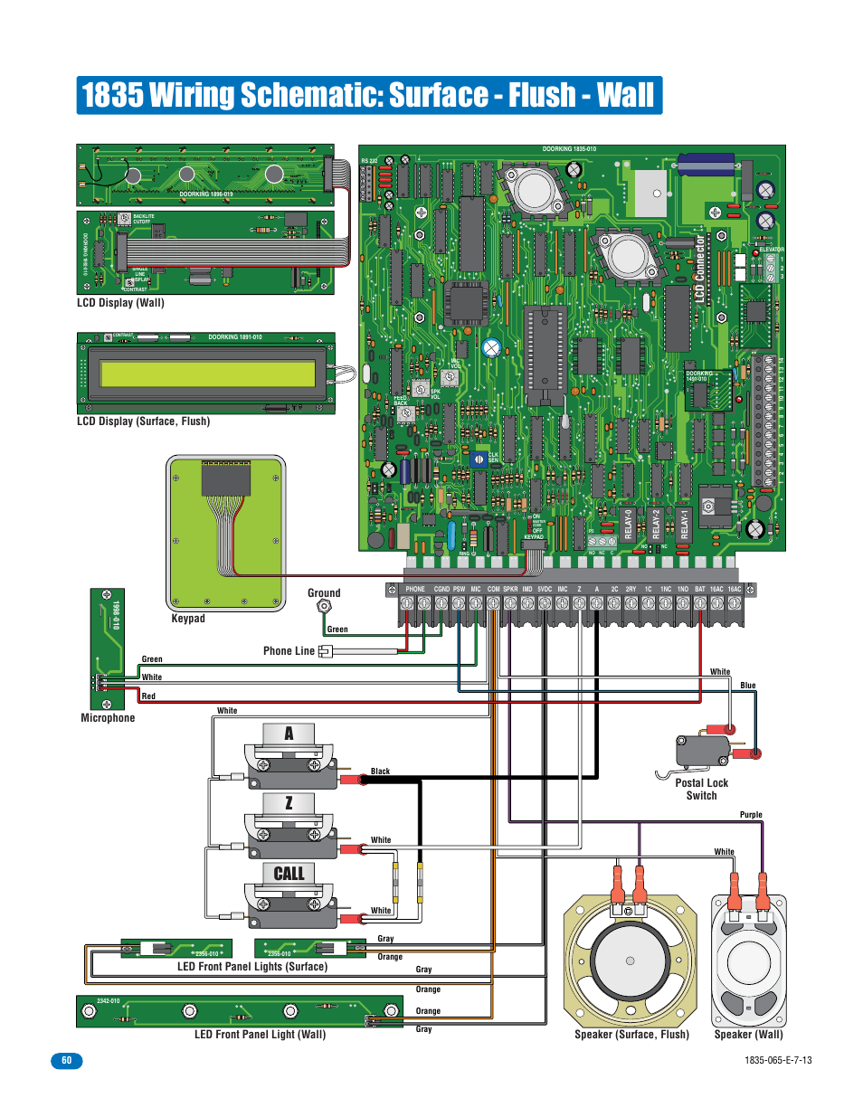 1835 wiring schematic: surface - flush - wall, Az call, Led front panel light (wall) | Ground, Lcd connector | DoorKing 1833 PC Programmable User Manual | Page 62 / 70