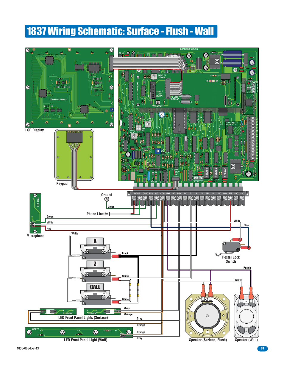 1837 wiring schematic: surface - flush - wall, Az call, Led front panel light (wall) | Ground | DoorKing 1833 PC Programmable User Manual | Page 63 / 70