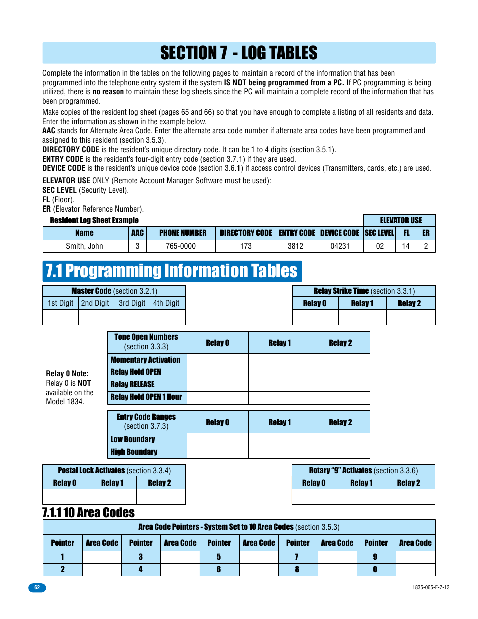 1 programming information tables, 1 10 area codes | DoorKing 1833 PC Programmable User Manual | Page 64 / 70