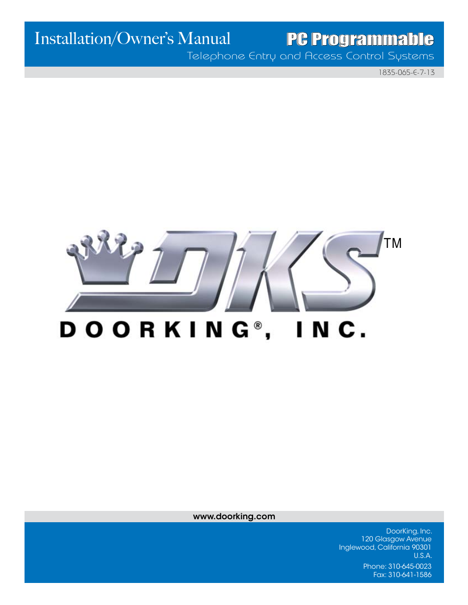 Installation/owner’s manual, Pc programmable | DoorKing 1833 PC Programmable User Manual | Page 70 / 70