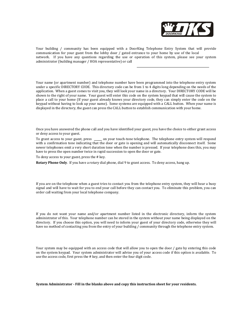 Guest communication, Granting or denying access, Call waiting | Privacy, Access code, Resident instruction sheet | Controlled Products Systems Group 1834-080 User Manual | Page 71 / 71