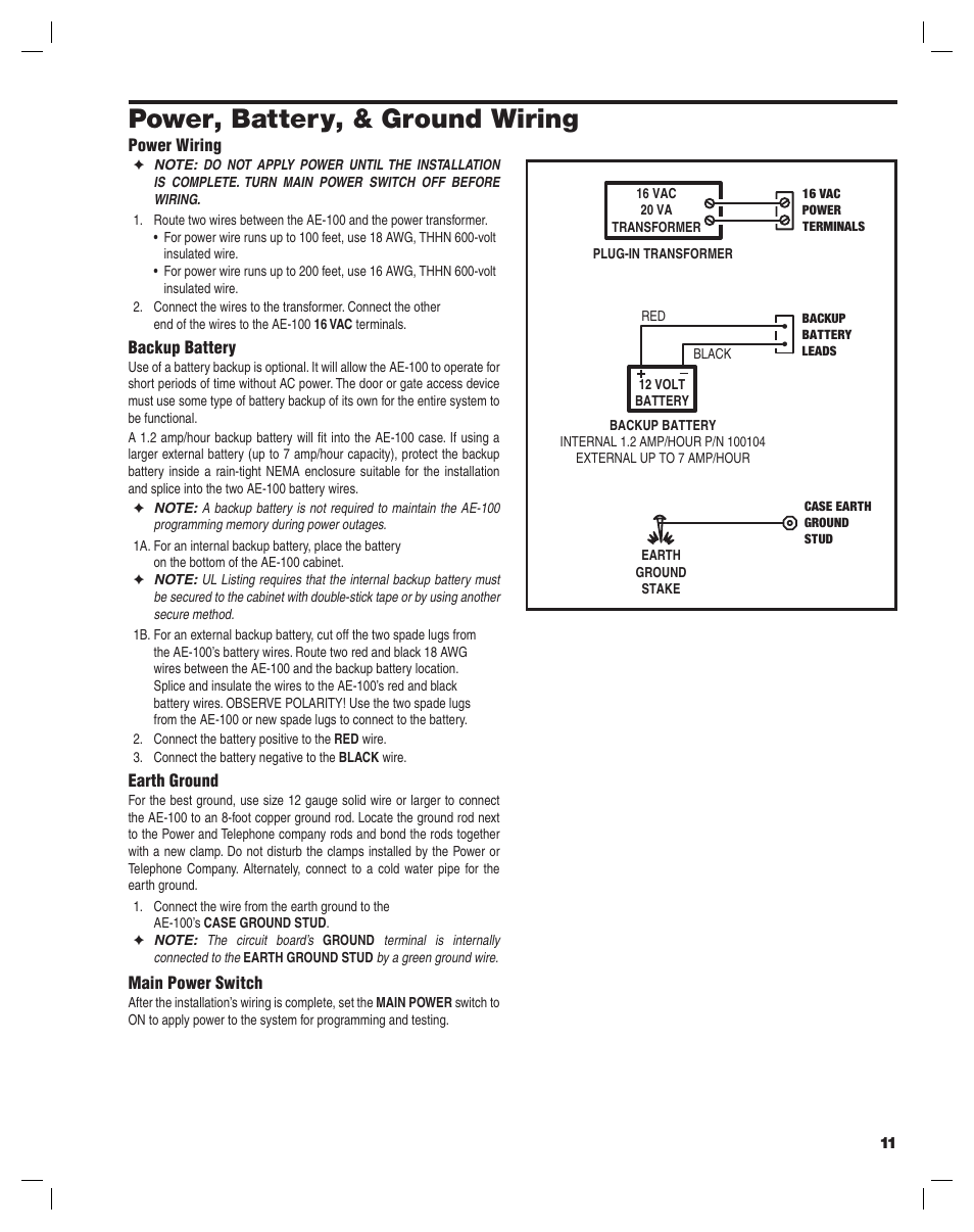 Power, battery, & ground wiring | Controlled Products Systems Group AE-100 User Manual | Page 11 / 36