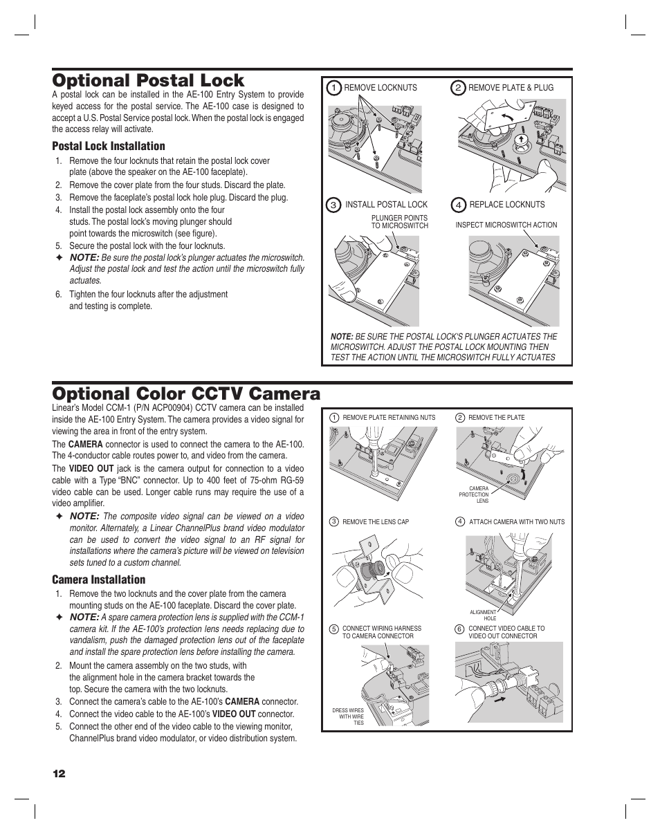 Optional postal lock, Optional color cctv camera, Postal lock installation | Camera installation | Controlled Products Systems Group AE-100 User Manual | Page 12 / 36