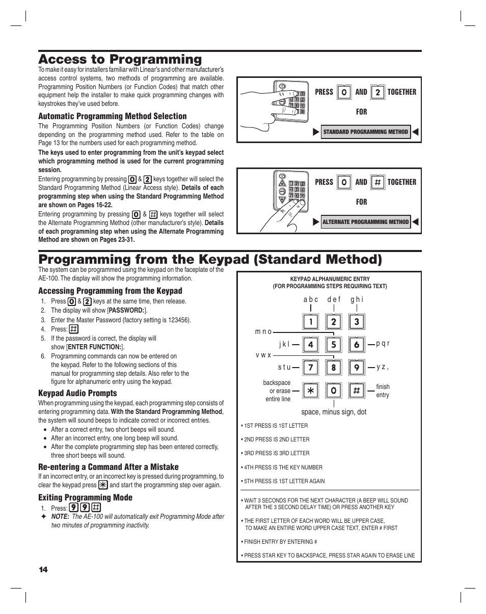 Access to programming, Programming from the keypad (standard method) | Controlled Products Systems Group AE-100 User Manual | Page 14 / 36