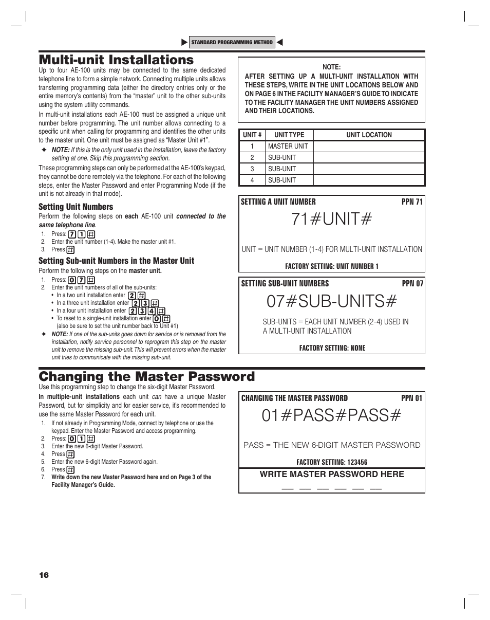 01#pass#pass, 71#unit, 07#sub-units | Multi-unit installations, Changing the master password | Controlled Products Systems Group AE-100 User Manual | Page 16 / 36