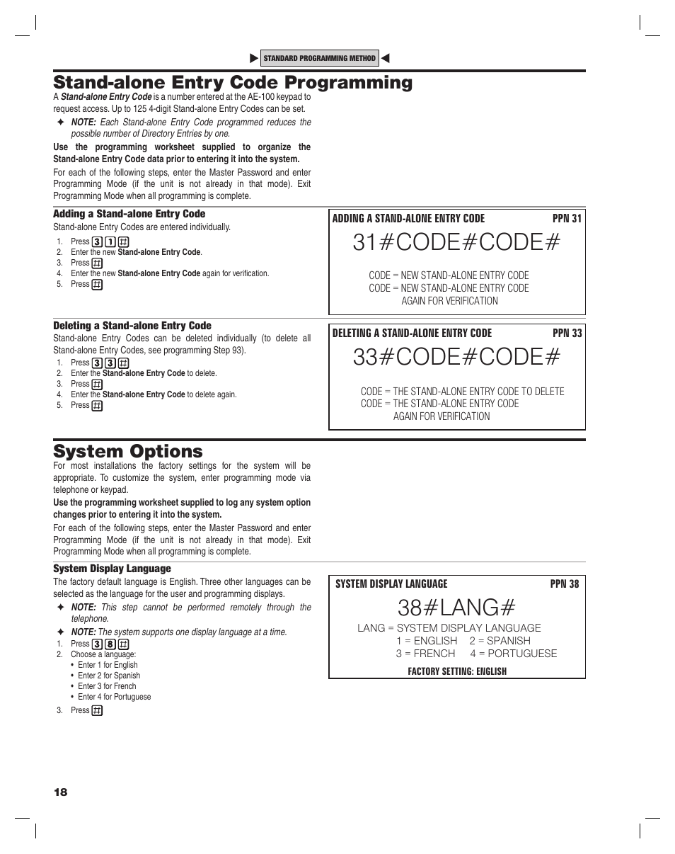 33#code#code, 31#code#code, 38#lang | Stand-alone entry code programming, System options | Controlled Products Systems Group AE-100 User Manual | Page 18 / 36
