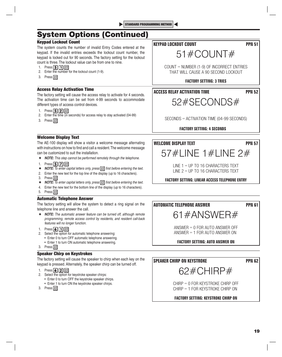 51#count, 57#line 1#line 2, 61#answer | 52#seconds, 62#chirp, System options (continued) | Controlled Products Systems Group AE-100 User Manual | Page 19 / 36
