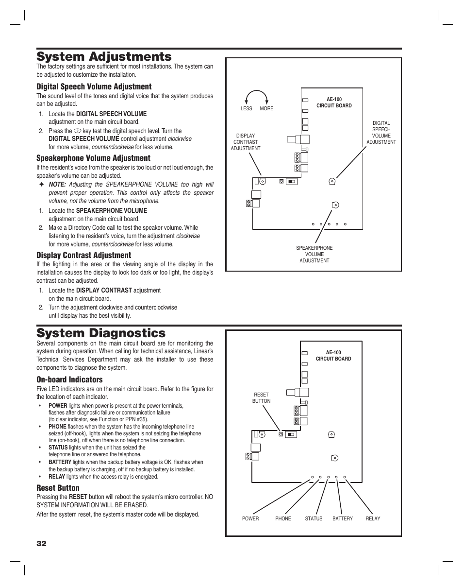 System adjustments, System diagnostics | Controlled Products Systems Group AE-100 User Manual | Page 32 / 36