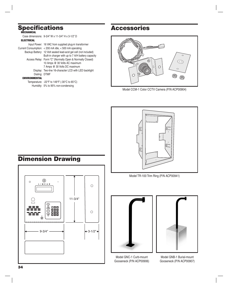 Specifi cations, Dimension drawing accessories | Controlled Products Systems Group AE-100 User Manual | Page 34 / 36