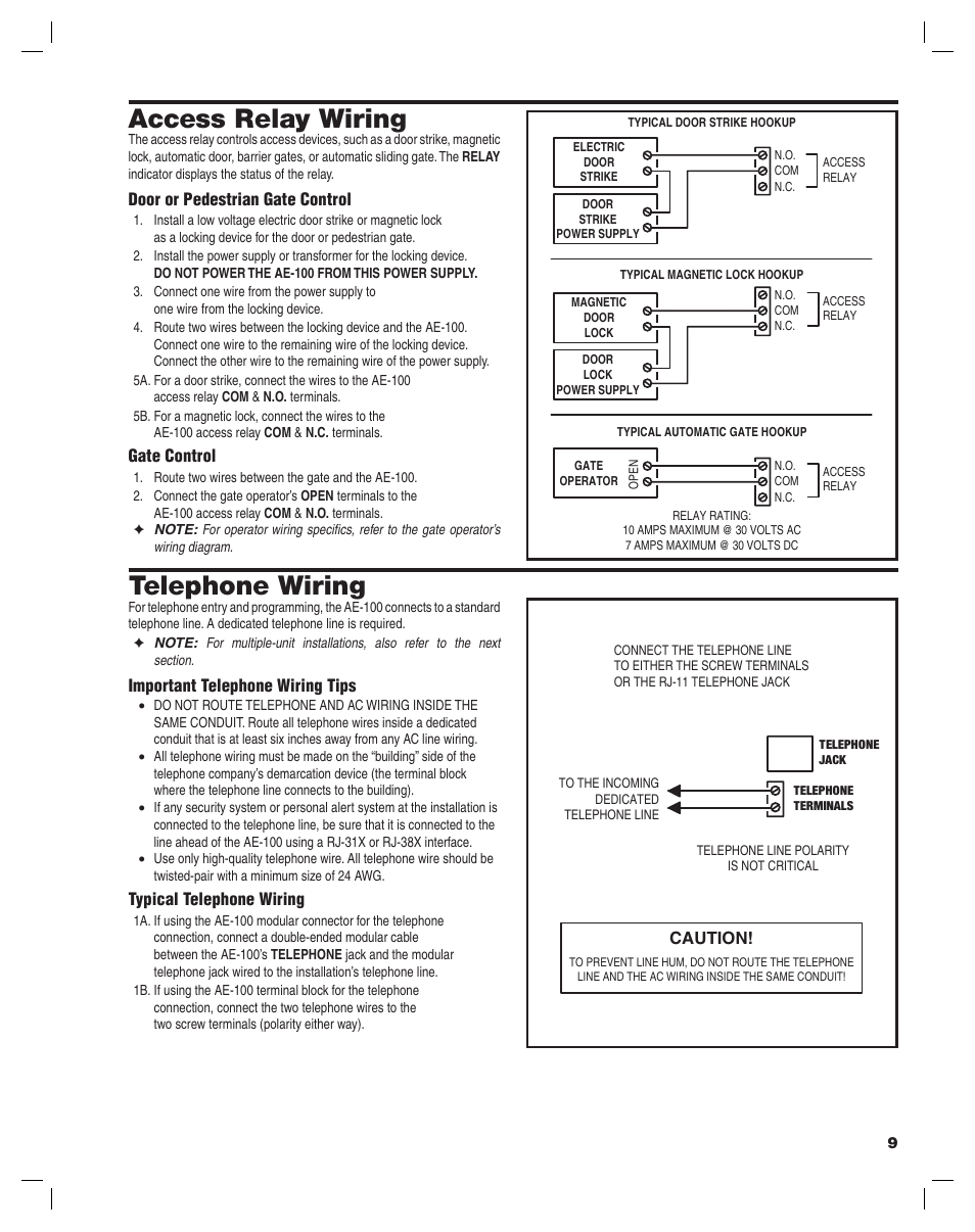 Access relay wiring, Telephone wiring | Controlled Products Systems Group AE-100 User Manual | Page 9 / 36