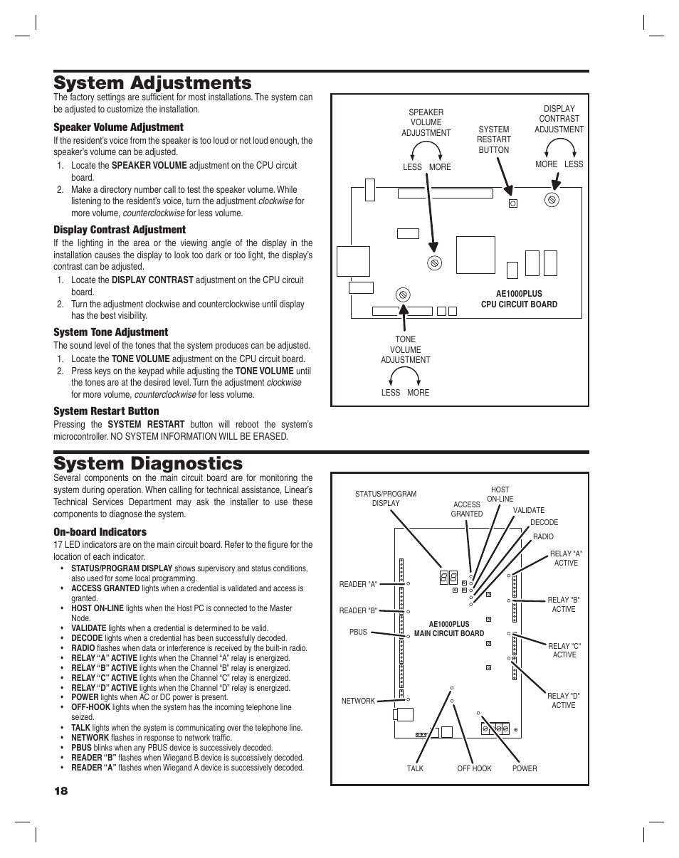 System adjustments, System diagnostics | Controlled Products Systems Group AE-1000PLUS User Manual | Page 18 / 24