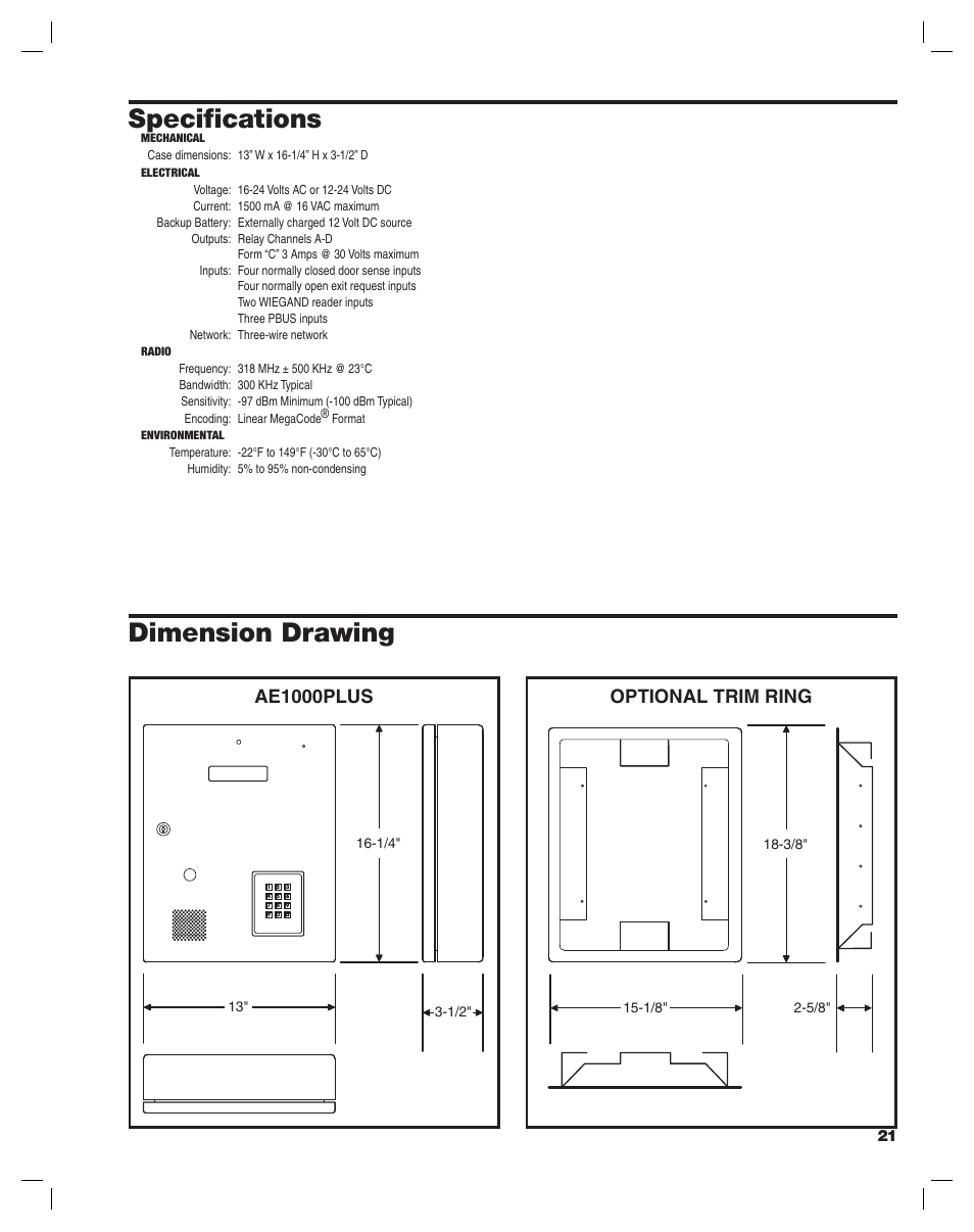Dimension drawing, Specifi cations, Optional trim ring | Ae1000plus | Controlled Products Systems Group AE-1000PLUS User Manual | Page 21 / 24
