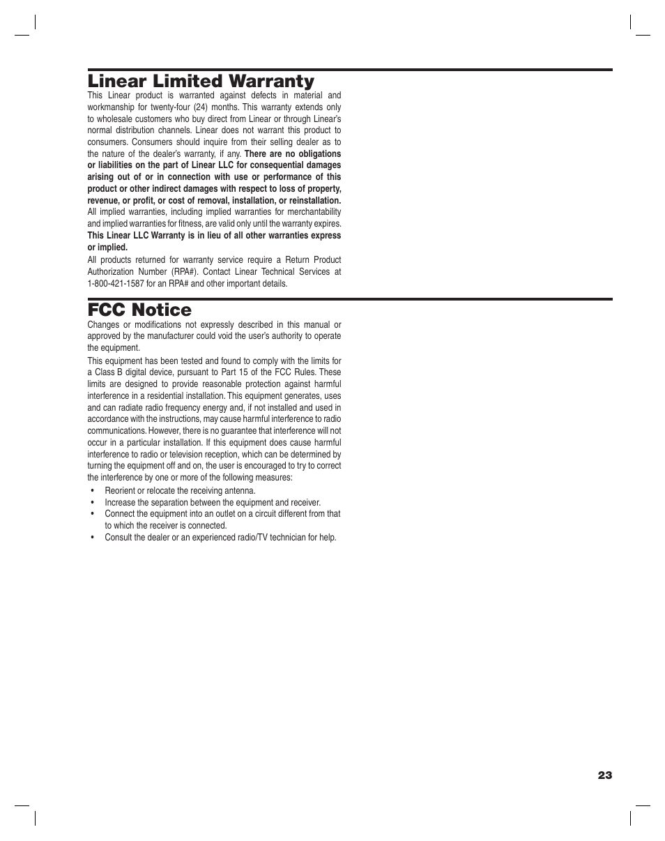 Linear limited warranty, Fcc notice | Controlled Products Systems Group AE-1000PLUS User Manual | Page 23 / 24