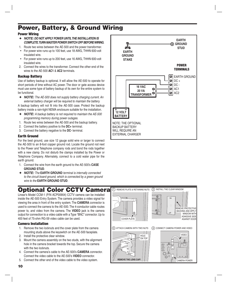 Power, battery, & ground wiring, Optional color cctv camera | Controlled Products Systems Group AE-500 User Manual | Page 10 / 28