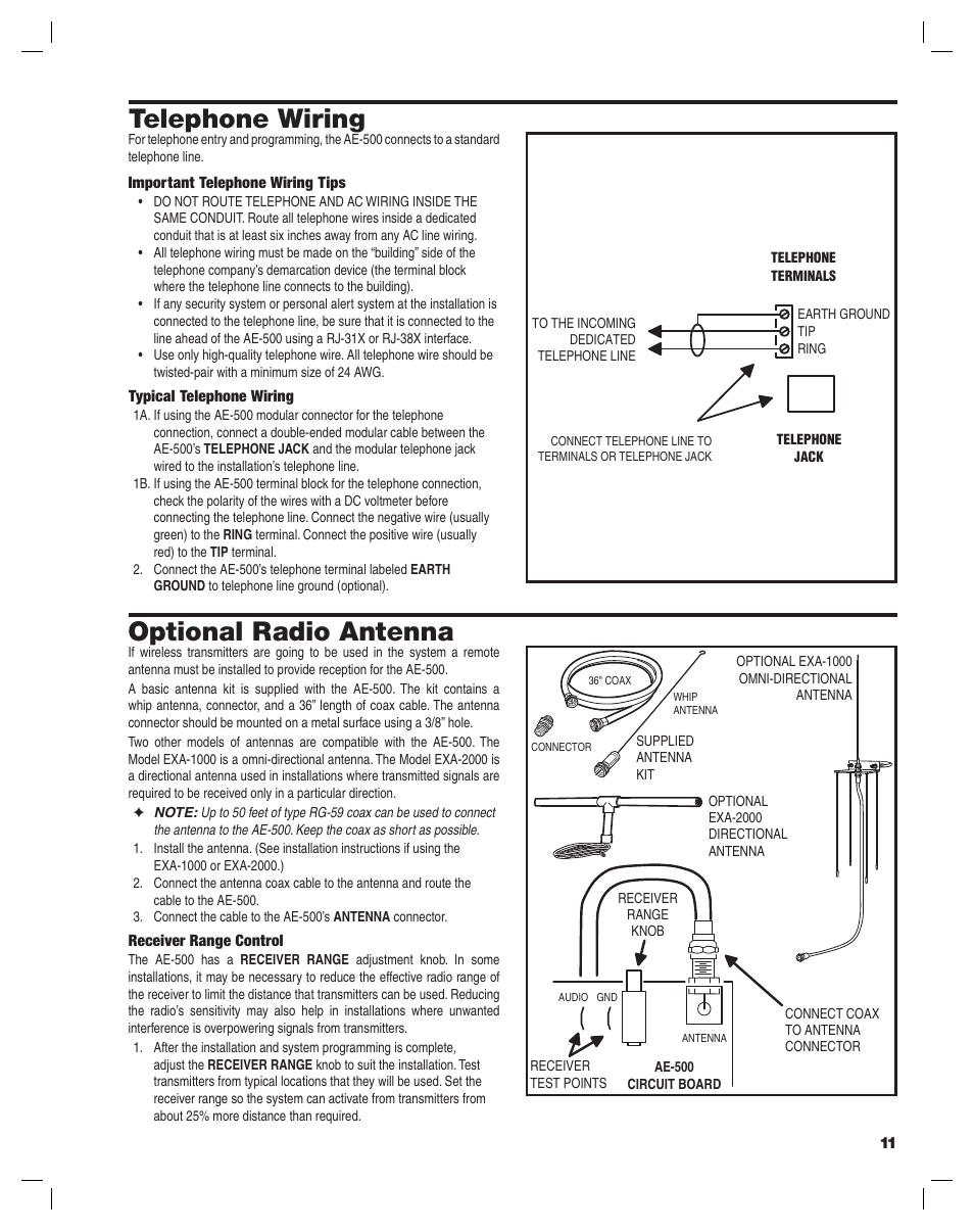 Telephone wiring, Optional radio antenna | Controlled Products Systems Group AE-500 User Manual | Page 11 / 28