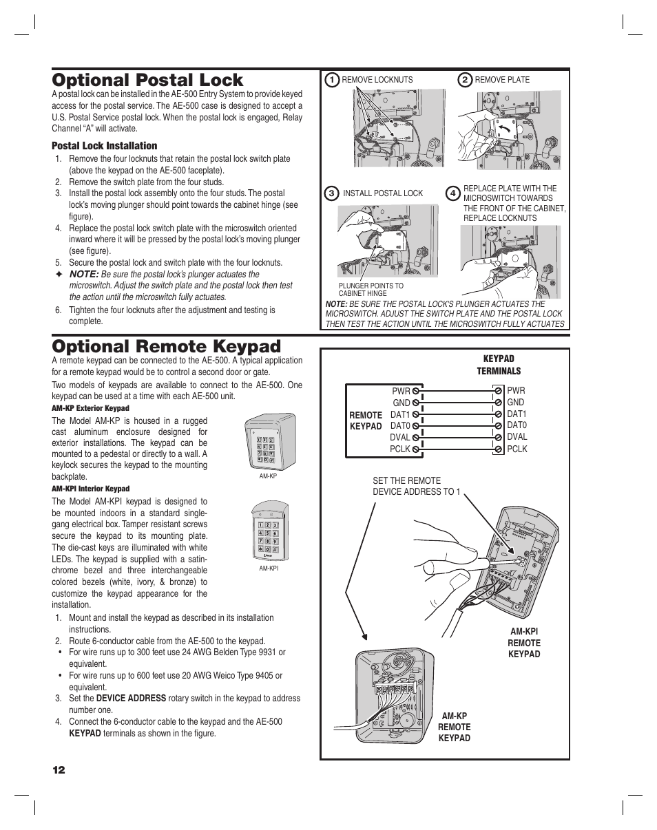 Optional postal lock, Optional remote keypad, Postal lock installation | Controlled Products Systems Group AE-500 User Manual | Page 12 / 28