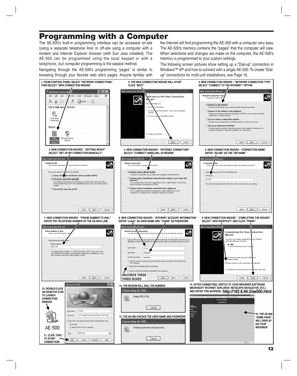 Programming with a computer | Controlled Products Systems Group AE-500 User Manual | Page 13 / 28