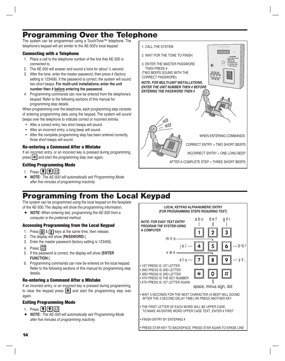 Programming from the local keypad, Programming over the telephone | Controlled Products Systems Group AE-500 User Manual | Page 14 / 28