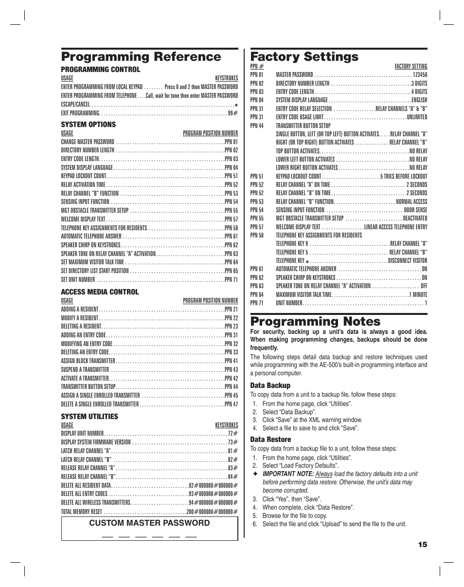 Programming reference, Factory settings | Controlled Products Systems Group AE-500 User Manual | Page 15 / 28