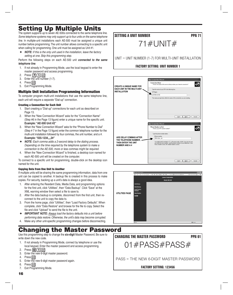 71#unit, 01#pass#pass, Changing the master password | Setting up multiple units | Controlled Products Systems Group AE-500 User Manual | Page 16 / 28