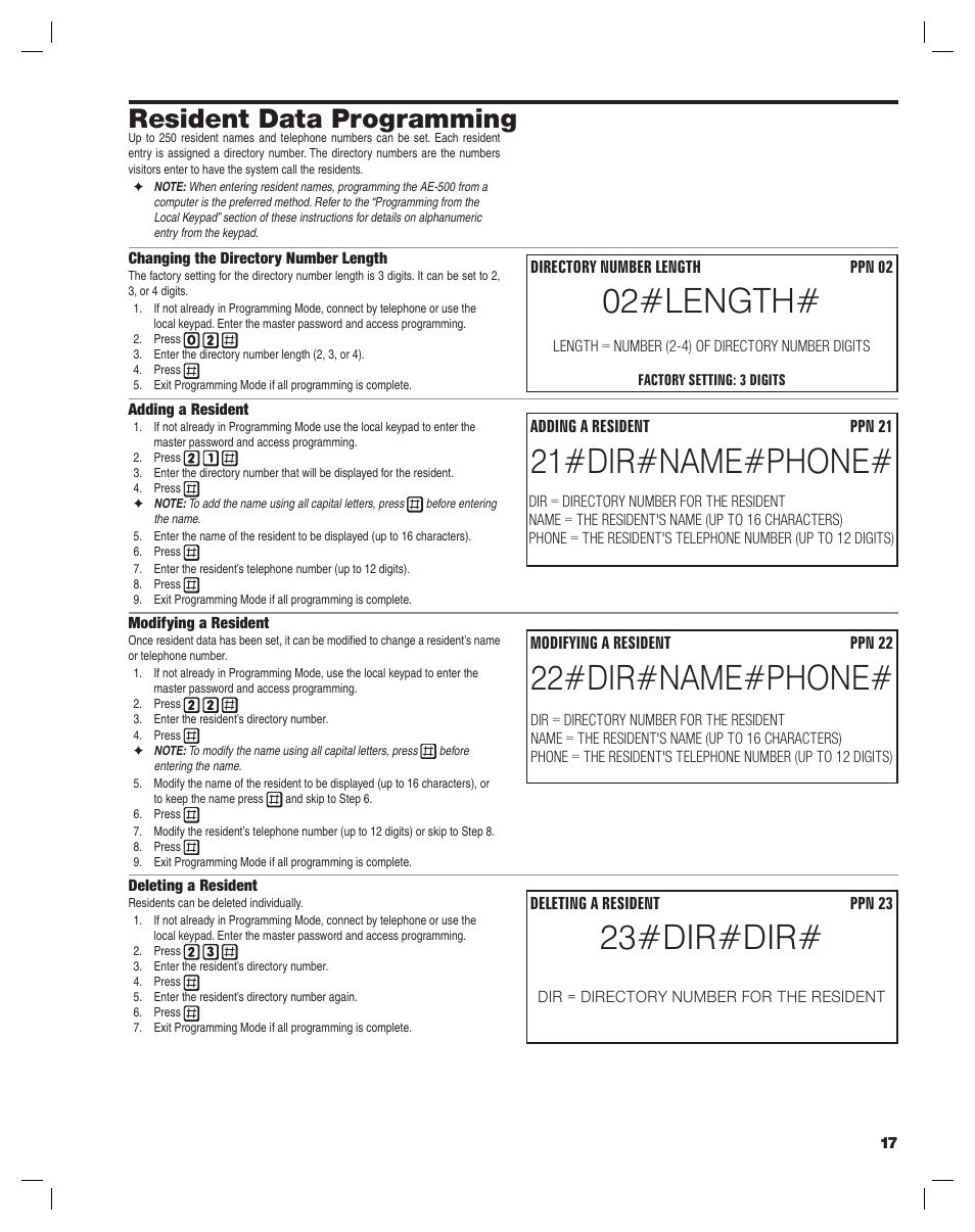 02#length, 21#dir#name#phone, 22#dir#name#phone | 23#dir#dir, Resident data programming | Controlled Products Systems Group AE-500 User Manual | Page 17 / 28