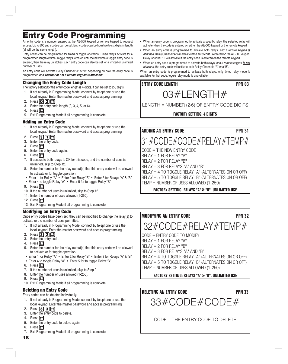 03#length, 31#code#code#relay#temp, 32#code#relay#temp | 33#code#code, Entry code programming | Controlled Products Systems Group AE-500 User Manual | Page 18 / 28