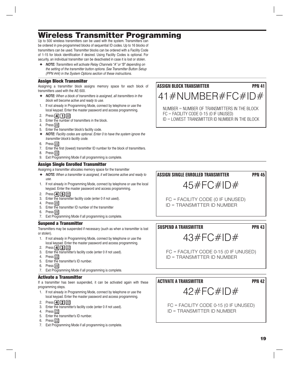 41#number#fc#id, 42#fc#id, 43#fc#id | 45#fc#id, Wireless transmitter programming | Controlled Products Systems Group AE-500 User Manual | Page 19 / 28