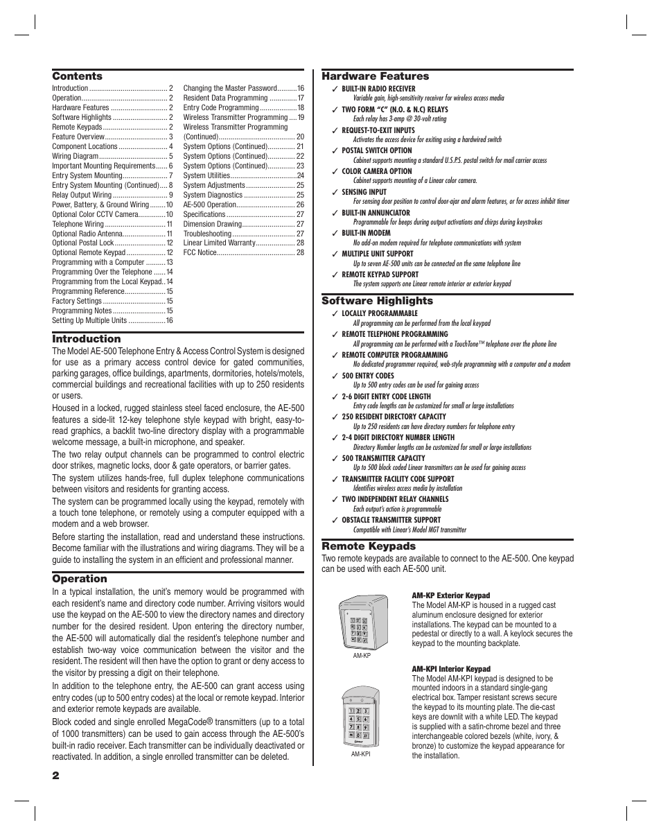 2contents introduction, Operation, Hardware features | Software highlights, Remote keypads | Controlled Products Systems Group AE-500 User Manual | Page 2 / 28