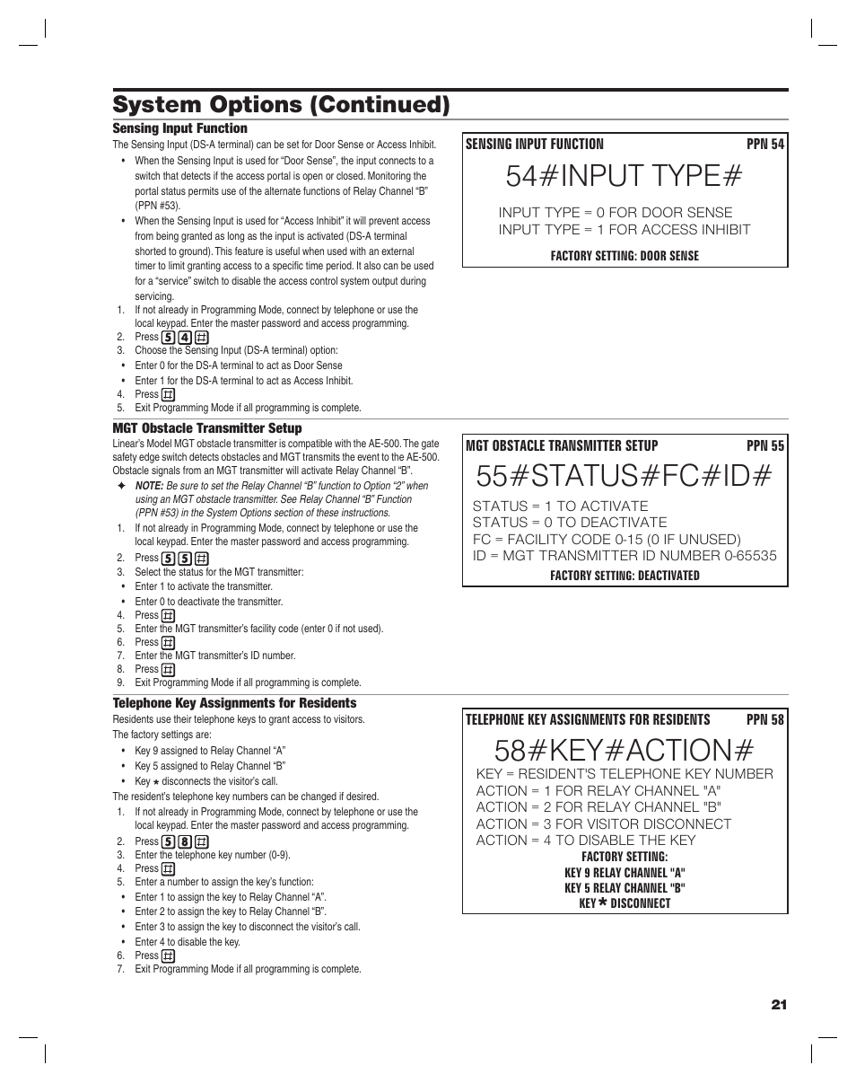 54#input type, 55#status#fc#id, 58#key#action | System options (continued) | Controlled Products Systems Group AE-500 User Manual | Page 21 / 28