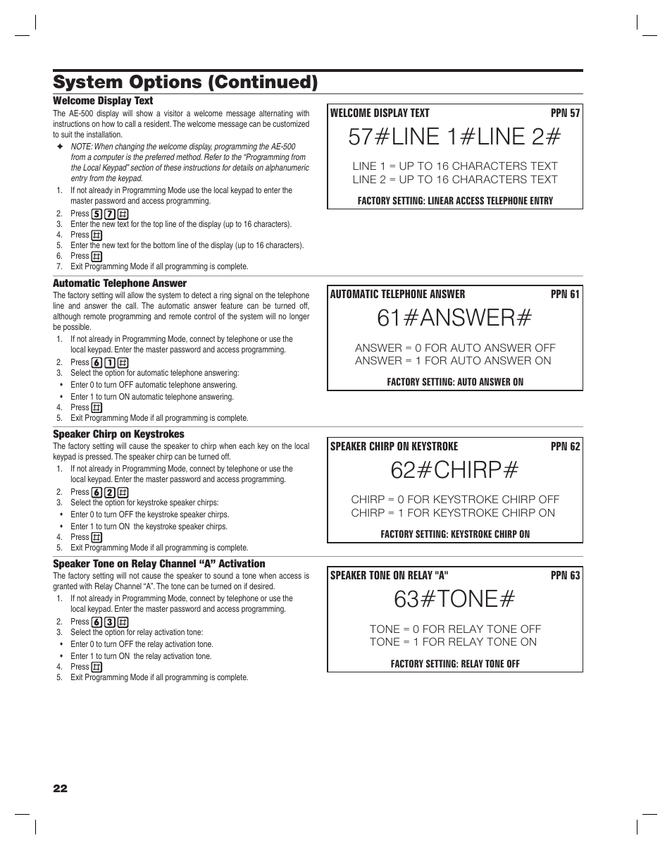 57#line 1#line 2, 61#answer, 62#chirp | 63#tone, System options (continued) | Controlled Products Systems Group AE-500 User Manual | Page 22 / 28