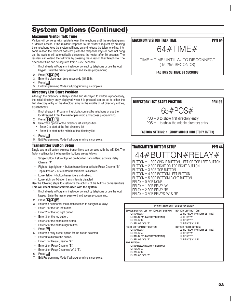 64#time, 65#pos, 44#button#relay | System options (continued) | Controlled Products Systems Group AE-500 User Manual | Page 23 / 28