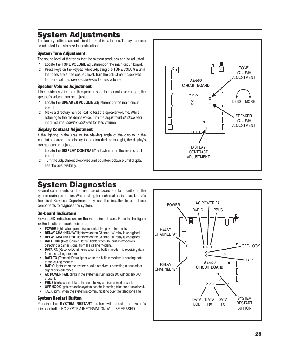 System adjustments, System diagnostics | Controlled Products Systems Group AE-500 User Manual | Page 25 / 28