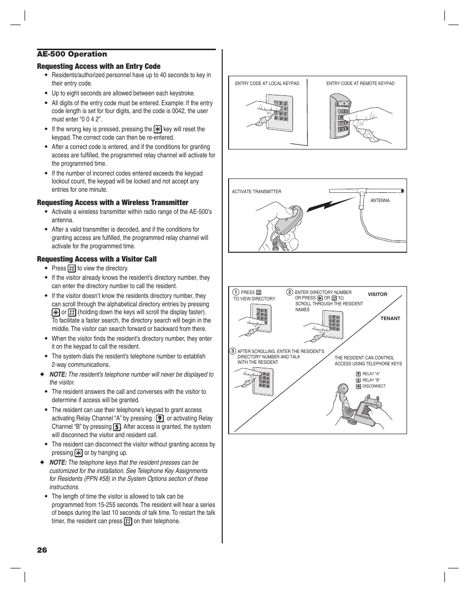 Requesting access with a wireless transmitter, Requesting access with a visitor call | Controlled Products Systems Group AE-500 User Manual | Page 26 / 28