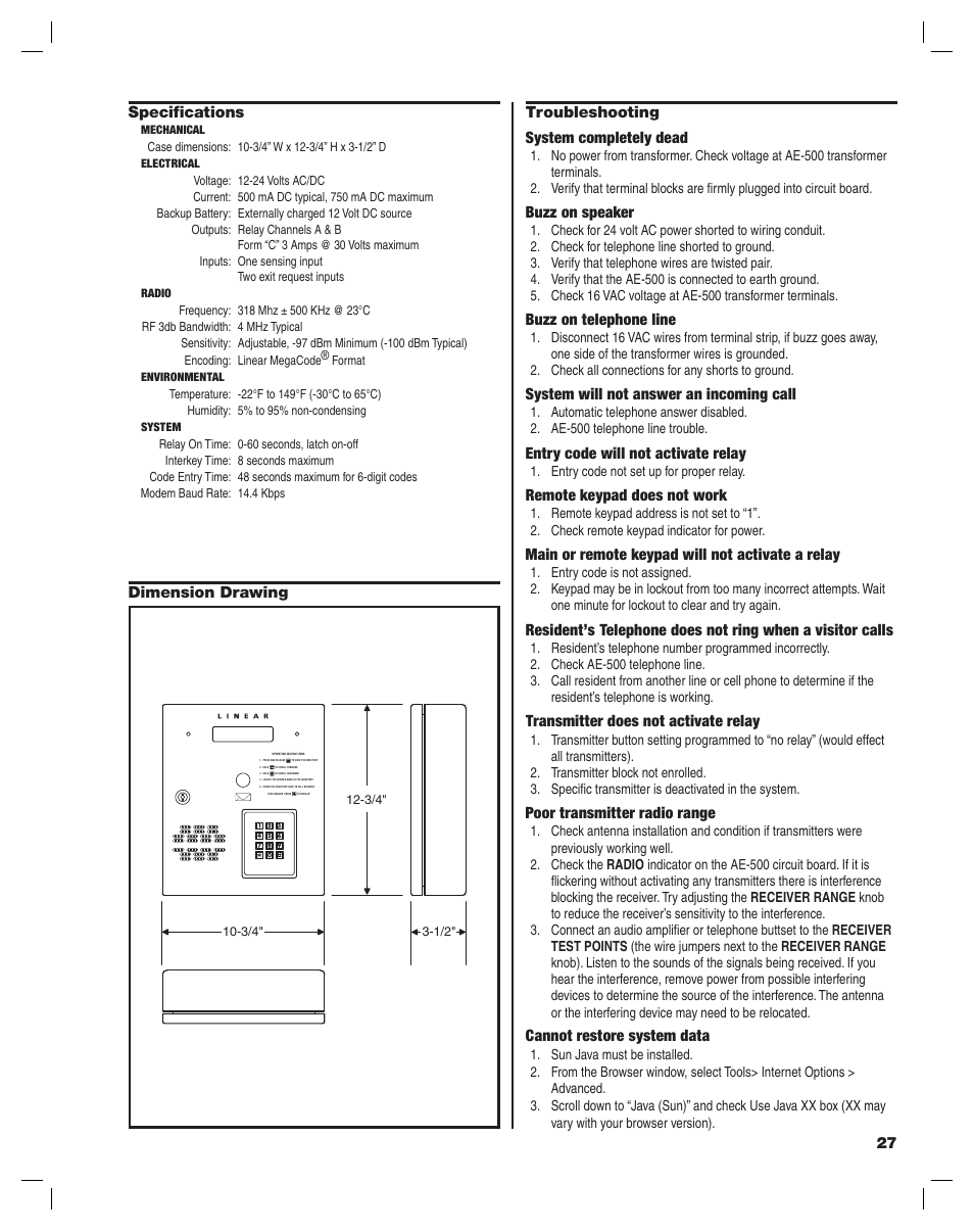 27 specifi cations, Dimension drawing, Troubleshooting system completely dead | Buzz on speaker, Buzz on telephone line, System will not answer an incoming call, Entry code will not activate relay, Remote keypad does not work, Main or remote keypad will not activate a relay, Transmitter does not activate relay | Controlled Products Systems Group AE-500 User Manual | Page 27 / 28