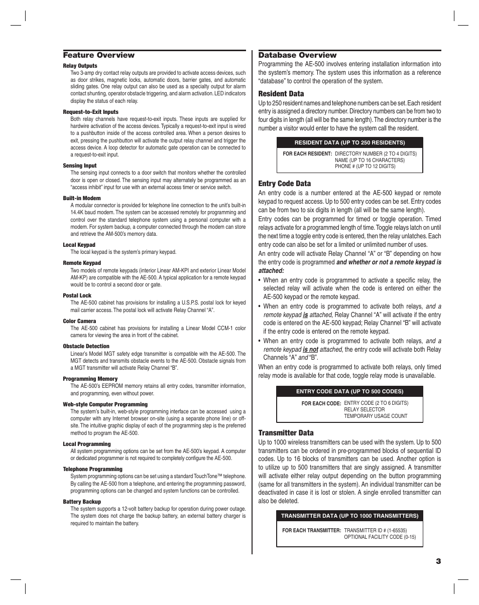 3feature overview, Database overview, Resident data | Entry code data, Transmitter data | Controlled Products Systems Group AE-500 User Manual | Page 3 / 28