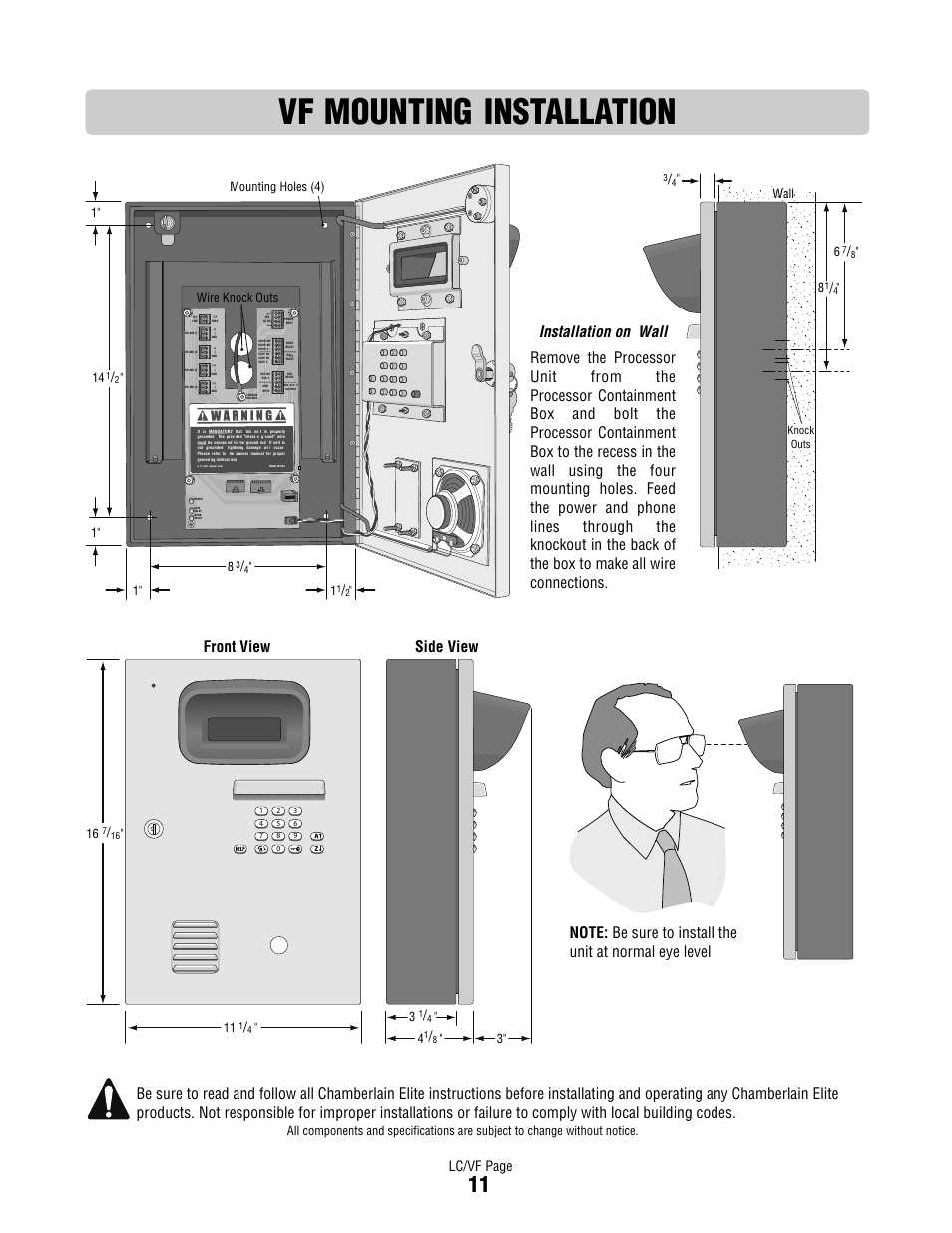 Vf mounting installation, Front view, Side view | Lc/vf page, Mounting holes (4) wire knock outs | Controlled Products Systems Group DIALCODE User Manual | Page 12 / 40