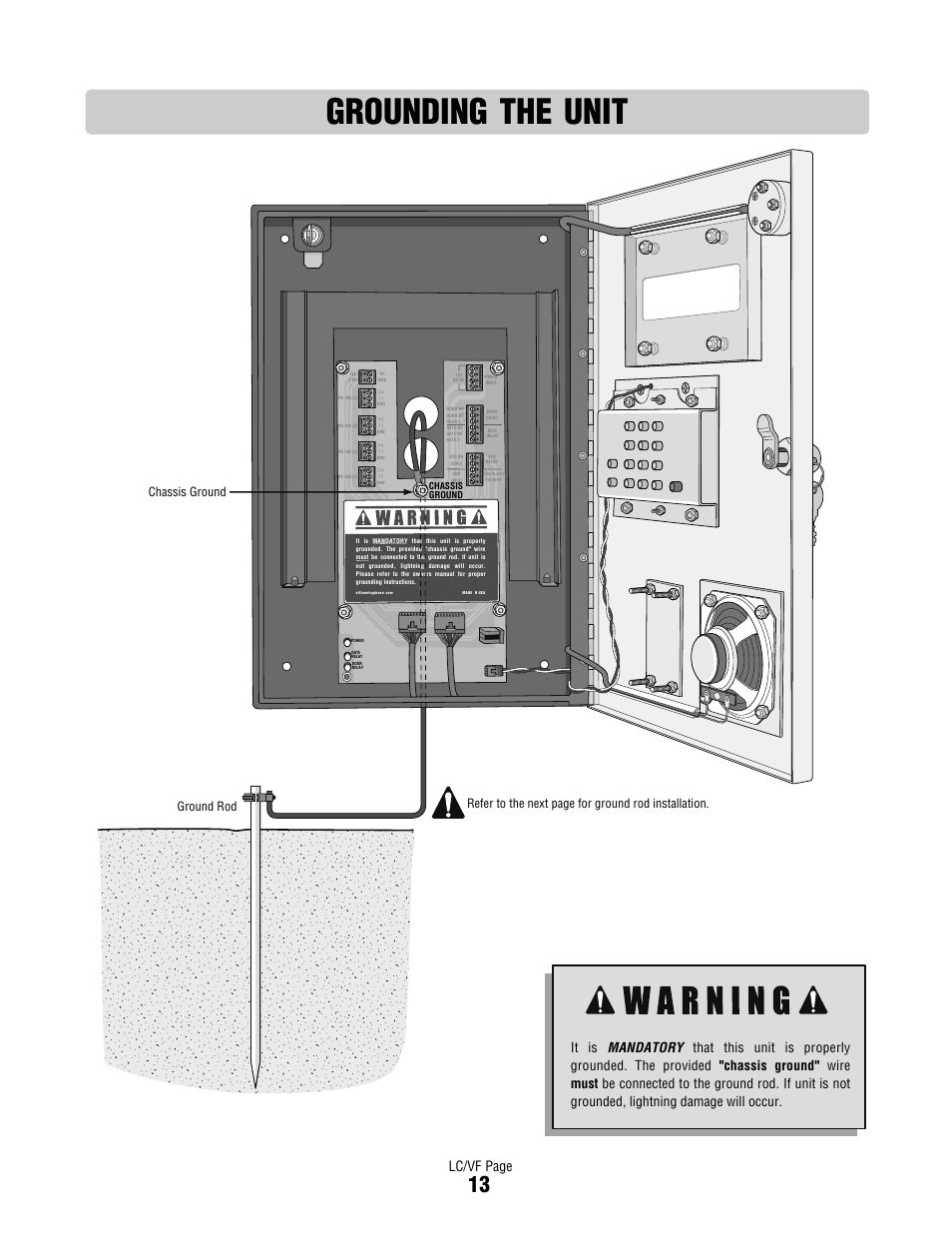 Grounding the unit, Lc/vf page, Chassis ground ground rod | Refer to the next page for ground rod installation | Controlled Products Systems Group DIALCODE User Manual | Page 14 / 40