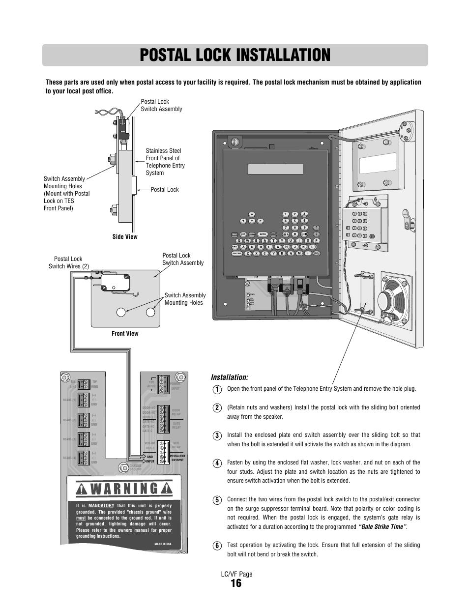 Postal lock installation, Installation, Lc/vf page | Controlled Products Systems Group DIALCODE User Manual | Page 17 / 40
