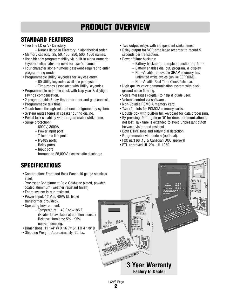 Product overview, Specifications, 3 year warranty | Standard features specifications, Factory to dealer, Lc/vf page, Pro gr am, Ck sp ce, P ogr m, Bk pace | Controlled Products Systems Group DIALCODE User Manual | Page 3 / 40