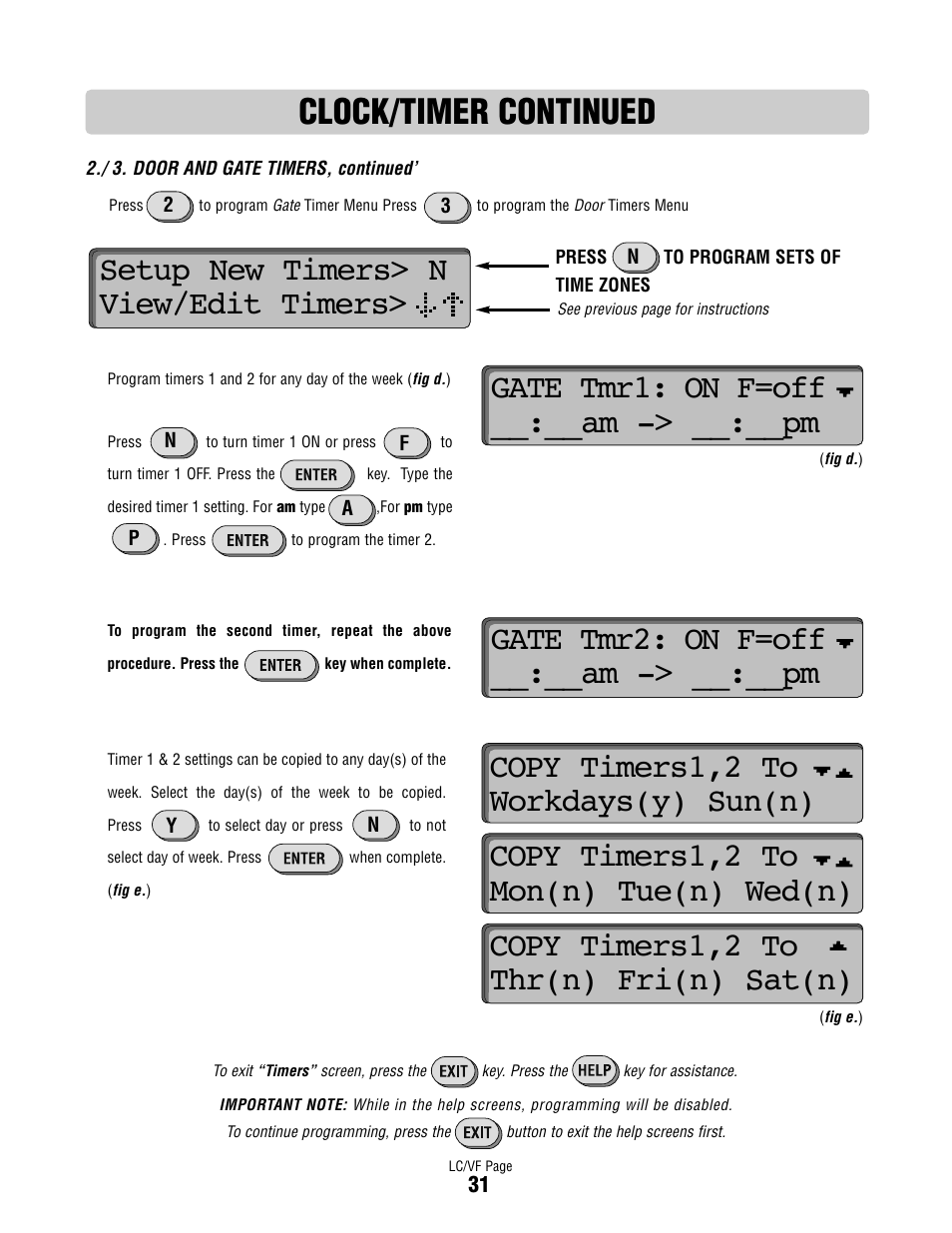 Clock/timer continued, Gate tmr2: on f=off __:__am -> __:__pm | Controlled Products Systems Group DIALCODE User Manual | Page 32 / 40